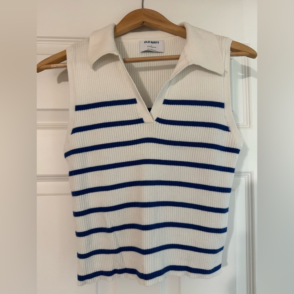 Old Navy White and Blue Striped Collared Tank Top